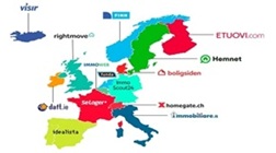 Logos der Top-Websites für den Immobilienverkauf auf der Europakarte